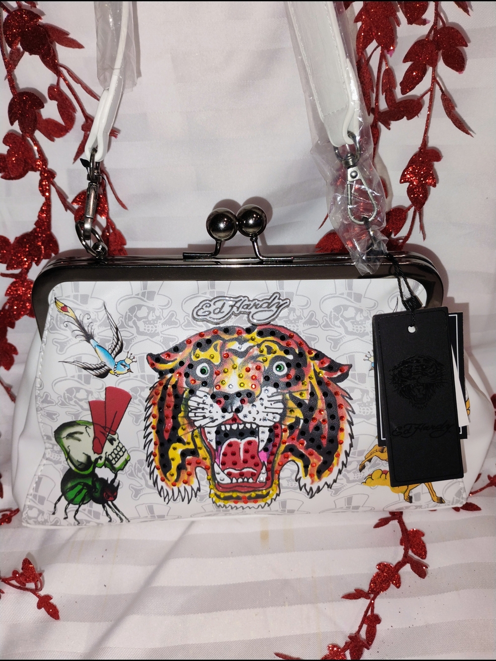 Ed Hardy White Multicolor Tiger Frame Clutch.Detachable Strap.